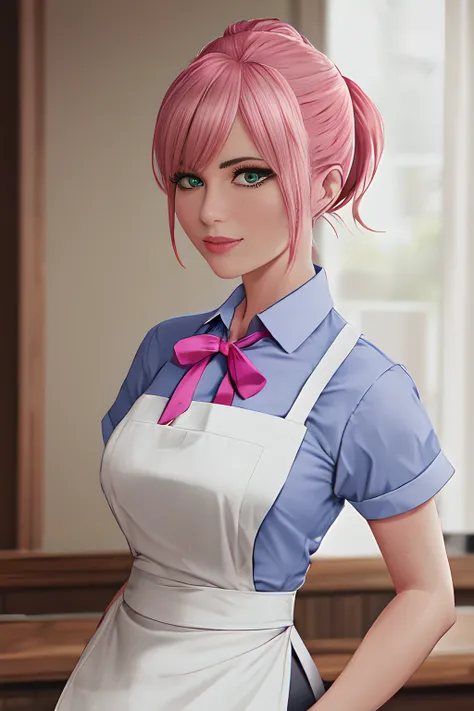 best quality, 1girl, adult, medium breasts, pink hair, medium hair, ponytail, green eyes, waitress, white shirt, blue skirt, blue ribbon, white apron, waist_apron, short_sleeves