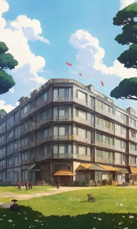 A Huge Vietnam Old Apartment Building by Howl's Moving Castle Ghibli, by Miyazaki, Nausicaa Ghibli, Breath of The Wild, epic composition, nvinkpunk, kuvshinov, snthwve style