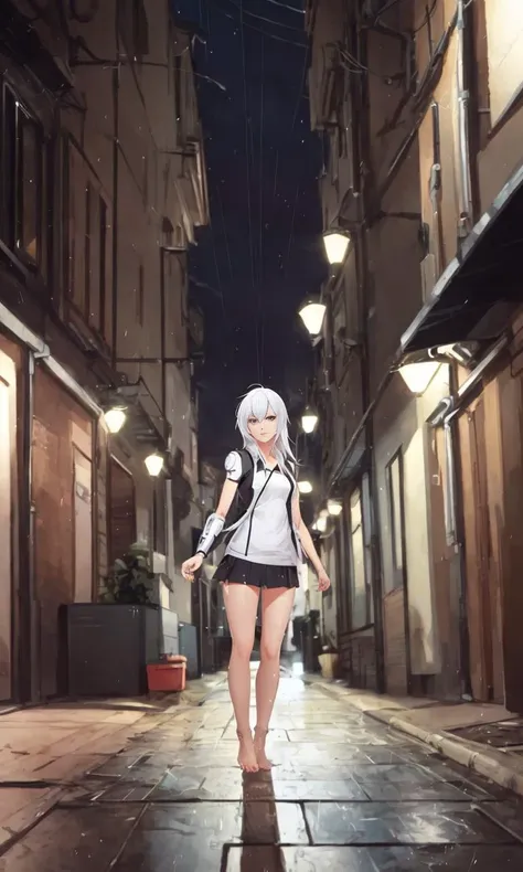 ((android)), cyborg, male, broken limbs, corrupted, long hair, white hair, iridescent eyes, masterpiece, high quality, best quality, high quality illustration, full body shot, barefoot, ((night)), raining, alley, dynamic pose, darkness, dynamic angle, solo, nvinkpunk, kuvshinov, snthwve style