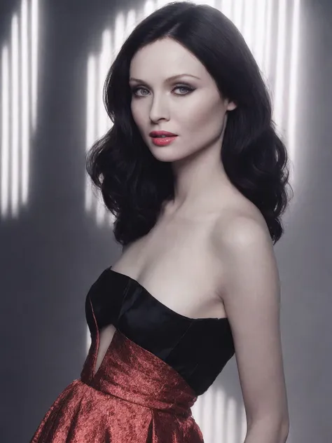 A dark black hair woman, extremely white with dark blue eyes, red lips, inspired by the actress Ellen Fanning, sitting at a meeting table as if she were the boss, she is wearing a red dress, black lipstick, beatiful girl