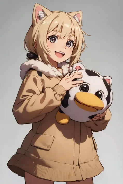 masterpiece, best quality,  <lora:peepy-000009:1> peepy, 1girl, looking at viewer, cowboy shot, smile, holding, stuffed animal, :D, simple background