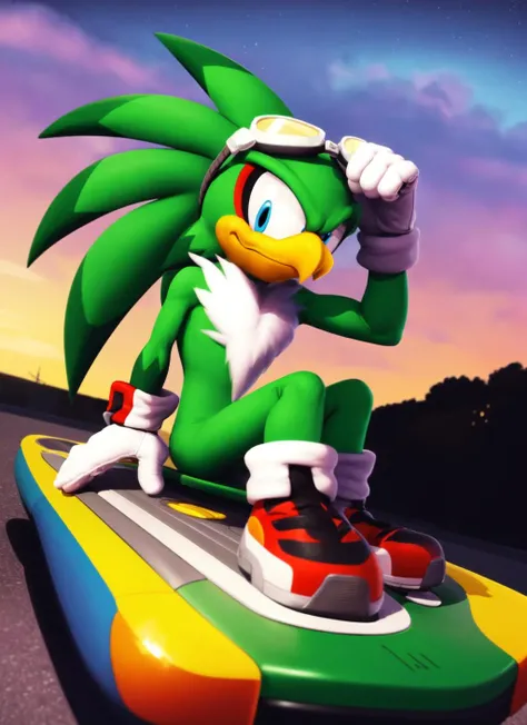 jetthehawk, hover board, furry male anthro, bird boy, sitting, , solo, (body fur:1.2), (best quality), (sky background:1.2), colorful lighting, (detailed fluffy feathers:1.1), goggles, white gloves, sneakers, <lora:jetthehawk-v1:1>
