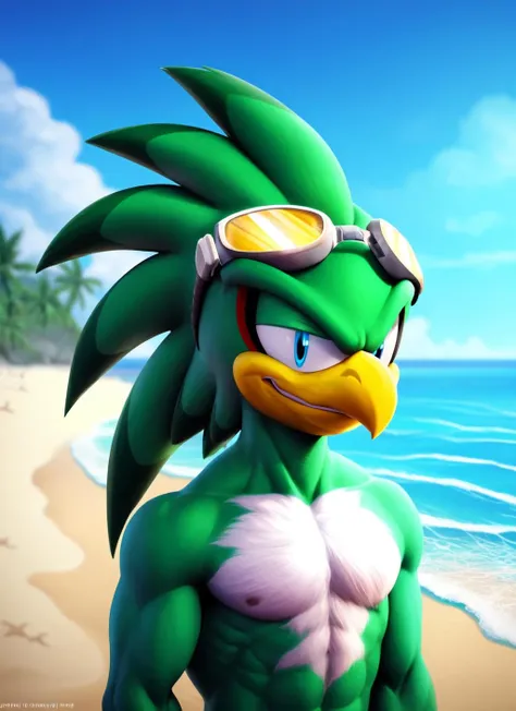 jetthehawk, furry male anthro, bird boy, portrait, solo, (best quality), (beach background:1.2), dramatic lighting, (detailed fluffy feathers:1.1), goggles, muscular, looking at viewer, grin, render, <lora:jetthehawk-v1-locon:1>