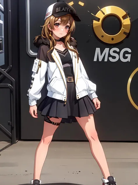 (extremely detailed CG), (best quality), 1girl, perfect face, shiny skin, lustrous skin, wide hips, narrow waist, solo , <lora:KyokoDj-10:0.8> KyokoDj,black footwear,pleated skirt, thigh strap, shoes,black skirt,white jacket, open jacket, headpones around neck, shirt. open clothes, skirt, bangs, long sleeves,baseball cap, brown eyes, long hair,brown hair,