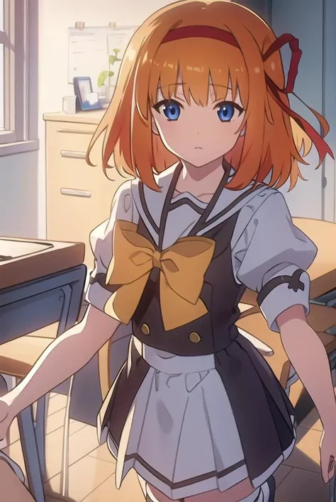 kaedefuyou, <lyco:kaedefuyou-LYCORIStest:1>,
kaede fuyou, short hair, orange hair, hair ribbon, hairband, blue eyes,
BREAK skirt, bow, ribbon, school uniform, short sleeves, pleated skirt, serafuku, socks, puffy sleeves, bowtie, puffy short sleeves, black socks, yellow bow, yellow bowtie,
BREAK looking at viewer,
BREAK indoors, classroom,
BREAK <lora:GoodHands-vanilla:1>, (masterpiece:1.2), best quality, high resolution, unity 8k wallpaper, (illustration:0.8), (beautiful detailed eyes:1.6), extremely detailed face, perfect lighting, extremely detailed CG, (perfect hands, perfect anatomy),