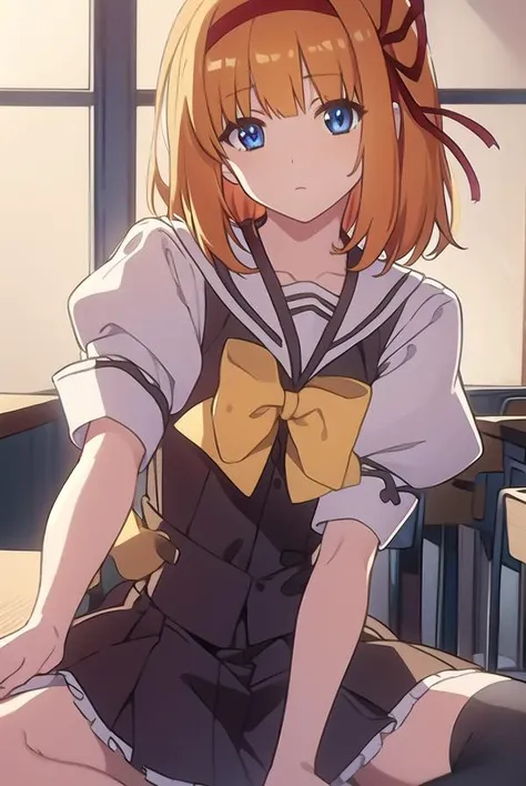 kaedefuyou, <lyco:kaedefuyou-LYCORIStest:1>,
kaede fuyou, short hair, orange hair, hair ribbon, hairband, blue eyes,
BREAK skirt, bow, ribbon, school uniform, short sleeves, pleated skirt, serafuku, socks, puffy sleeves, bowtie, puffy short sleeves, black socks, yellow bow, yellow bowtie,
BREAK looking at viewer,
BREAK indoors, classroom,
BREAK <lora:GoodHands-vanilla:1>, (masterpiece:1.2), best quality, high resolution, unity 8k wallpaper, (illustration:0.8), (beautiful detailed eyes:1.6), extremely detailed face, perfect lighting, extremely detailed CG, (perfect hands, perfect anatomy),