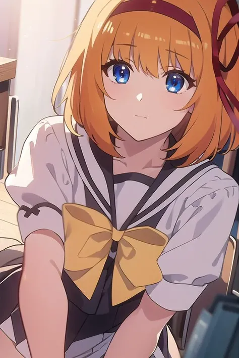 kaedefuyou, <lyco:kaedefuyou-LYCORIStest:1>,
kaede fuyou, short hair, orange hair, hair ribbon, hairband, blue eyes,
BREAK skirt, bow, ribbon, school uniform, short sleeves, pleated skirt, serafuku, socks, puffy sleeves, bowtie, puffy short sleeves, black socks, yellow bow, yellow bowtie,
BREAK looking at viewer,
BREAK indoors, classroom,
BREAK <lora:GoodHands-vanilla:1>, (masterpiece:1.2), best quality, high resolution, unity 8k wallpaper, (illustration:0.8), (beautiful detailed eyes:1.6), extremely detailed face, perfect lighting, extremely detailed CG, (perfect hands, perfect anatomy),
