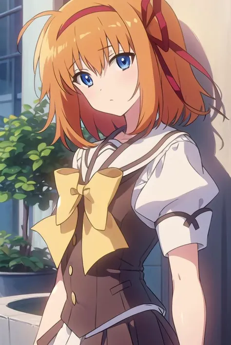 kaedefuyou, <lyco:kaedefuyou-LYCORIStest:1>,
kaede fuyou, short hair, orange hair, hair ribbon, hairband, blue eyes,
BREAK skirt, bow, ribbon, school uniform, short sleeves, pleated skirt, serafuku, socks, puffy sleeves, bowtie, puffy short sleeves, black socks, yellow bow, yellow bowtie,
BREAK looking at viewer,
BREAK indoors, classroom,
BREAK <lora:GoodHands-vanilla:1>, (masterpiece:1.2), best quality, high resolution, unity 8k wallpaper, (illustration:0.8), (beautiful detailed eyes:1.6), extremely detailed face, perfect lighting, extremely detailed CG, (perfect hands, perfect anatomy),