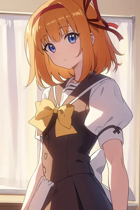 kaedefuyou, <lyco:kaedefuyou-LYCORIStest:1>,
kaede fuyou, short hair, orange hair, hair ribbon, hairband, blue eyes,
BREAK skirt, bow, ribbon, school uniform, short sleeves, pleated skirt, serafuku, socks, puffy sleeves, bowtie, puffy short sleeves, black socks, yellow bow, yellow bowtie,
BREAK looking at viewer,
BREAK indoors, classroom,
BREAK <lora:GoodHands-vanilla:1>, (masterpiece:1.2), best quality, high resolution, unity 8k wallpaper, (illustration:0.8), (beautiful detailed eyes:1.6), extremely detailed face, perfect lighting, extremely detailed CG, (perfect hands, perfect anatomy),