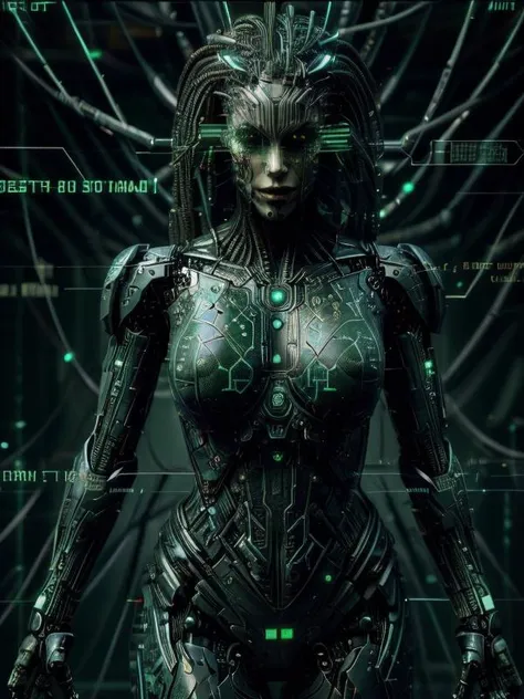 SHODAN android teenage girl, (best quality:1.5) 1girl, belle cute teen pretty teenage girl, (detailed drawn face correct eyes)++, far shot, full body showing, complex epic ruined laboratory scenery, cyberpunk style, hair made of wires and cables, (analog photo) amateur, RAW Photo, masterpiece, dramatic photo, evil grin expression, correct fingers, perfectly drawn eyes, (correct anatomy proportions), <lora:furthermoreV9:0.3>, <lora:zoom_slider_v1:-1>, <lora:lora_perfecteyes_v1_from_v1_160:0.3> <lora:epiCRealismHelper:0.6>, breasts, <lora:emotions_lora:0.4> <lora:difConsistency_detail:0.3> <lora:mshn Industrial Machines:0.2> mshn, mshn robot <lora:shodan-10:0.6> shodanSS_soul3142, green theme, <lora:Reel_mechanical_parts_v_1_3:0.3>, <lora:GlitchFashion:0.4> GlitchFashion <lora:HackedTech-20:0.6> hackedtech, scifi, data stream,