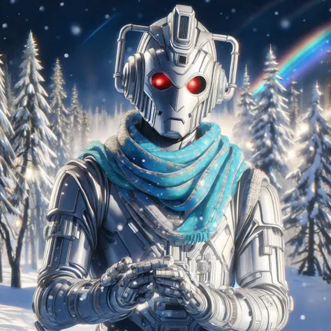 <lora:Cyberman:0.85> modern cyberman, wearing a rainbow scarf and mittens in the snow, winter scene, forest