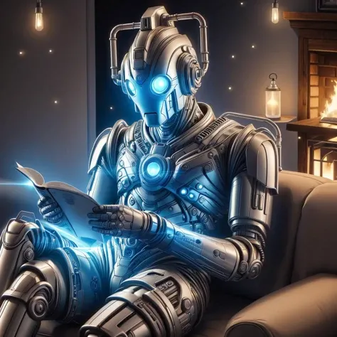 <lora:Cyberman:0.85> modern cyberman, reading a book on a sofa in a comfortable living room by firelight