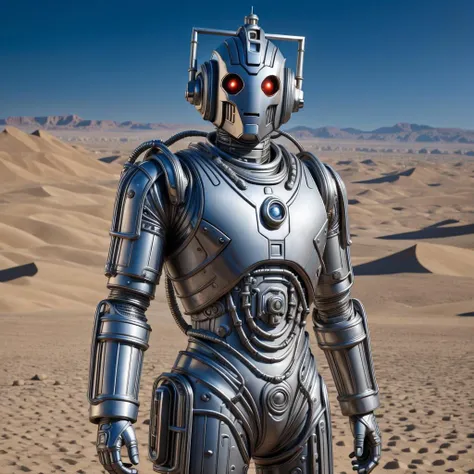 <lora:Cyberman:0.4> classic cyberman, on a desert planet