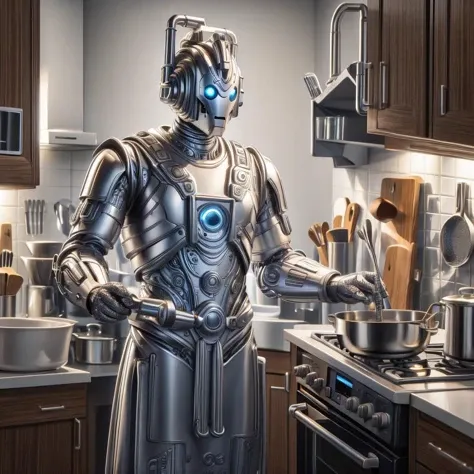 <lora:Cyberman:0.9> modern cyberman, cooking in a kitchen wearing an apron