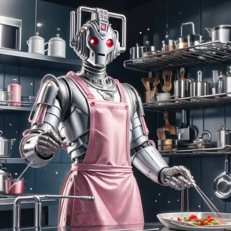 <lora:Cyberman:0.9> modern cyberman, cooking in a kitchen wearing a pink apron