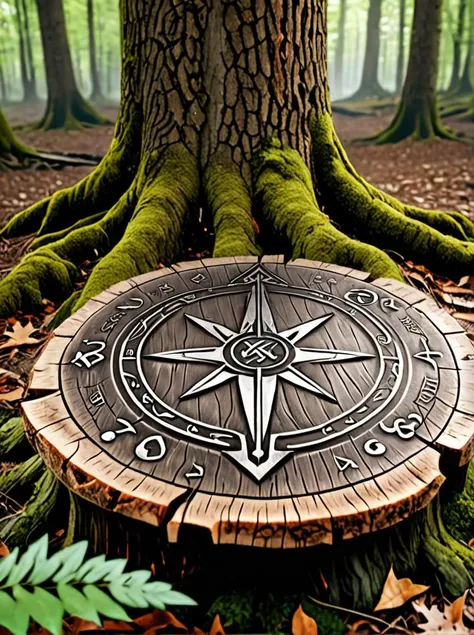 (magic sword in tree stump_, magical forest, deep woods bg, 4k, 8k, absurdres, magic circle, runes, engraving, detailed, cinematic, Algiz rune, mannaz rune, Eihwaz rune, Pertho rune, Norse compass, orbitgood-SDXL