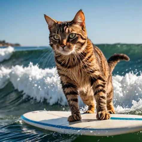Closeup photo of a cat, is surfing, epic pose, natural light