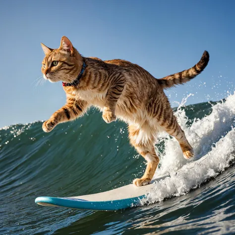 Closeup photo of a cat, is surfing, epic pose, natural light