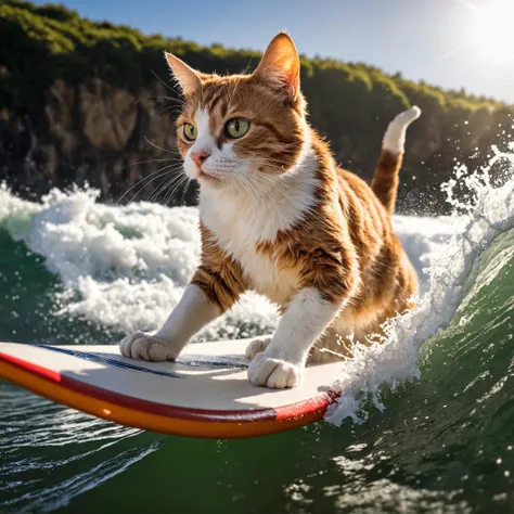 Closeup photo  of a cat, is surfing, epic pose, natural light