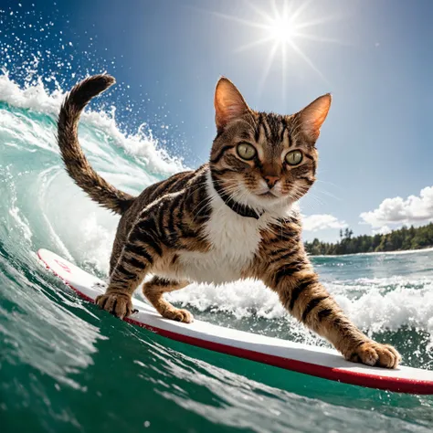 Closeup photo  of a cat, is surfing, epic pose, natural light