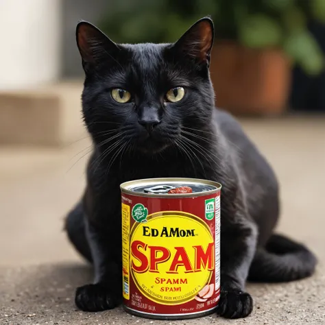 closeup photo ta black cat is holding a can of spam,epic pose, natural light