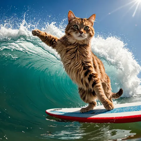 Closeup photo  of a cat, is surfing, epic pose, natural light