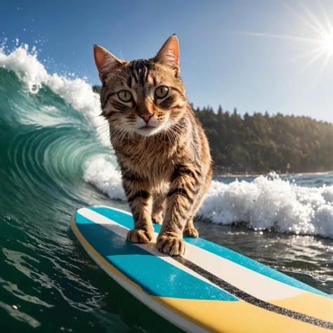Closeup photo  of a cat, is surfing, epic pose, natural light