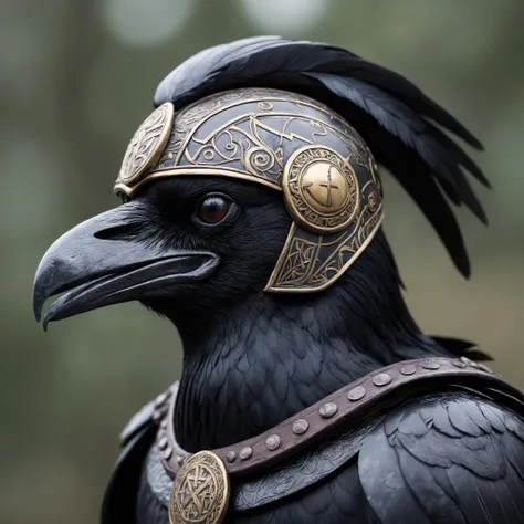 Closeup, Photo, of a raven wearing a viking helmet, Nordic runes