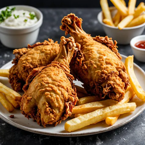 Closeup photo of a deep fried chicken is sitting on a plate with french fries.l, natural light