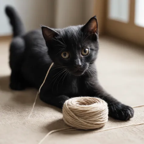Closeup Photo, a black kitten, playing with a spool of wool,natural light
