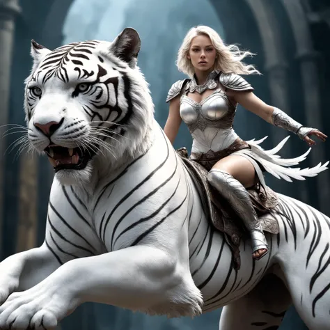 Closeup Photo, of an valkyrie riding a white tiger, epic pose, natural light