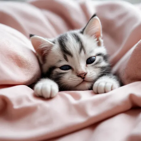 Closeup Photo, of a mechanical kitten sleeping in bed