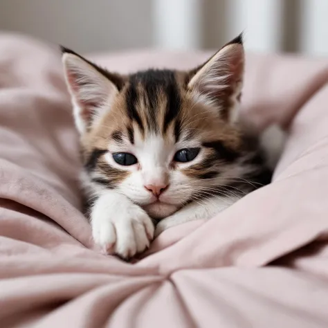 Closeup Photo, of a mechanical kitten sleeping in bed