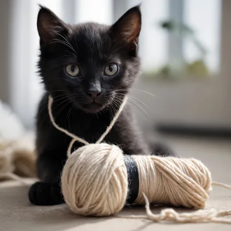 Closeup Photo, a black kitten, playing with a spool of wool,natural light