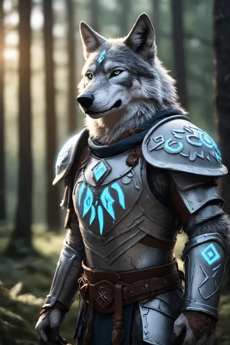 Portrait Photo, anthror, wolf,nordic armour, glowing Nordic runes, Forest background   ,anthro,<lora:EMS-303119-EMS:0.500000>