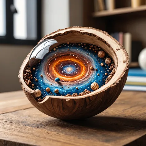 Detailed artwork of the whole universe in a walnut shell on a detailed wooden table