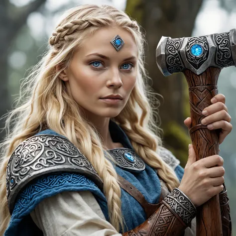 Closeup photo, a blonde haired nordic druid woman, detailed Blue eyes, holding Mjölnir Hammer, Yggdrasil background, natural light