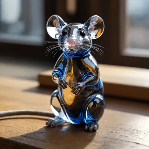 Closeup photo, of an glassblown figure of a cute rat, on an oak table, natural light, reflections