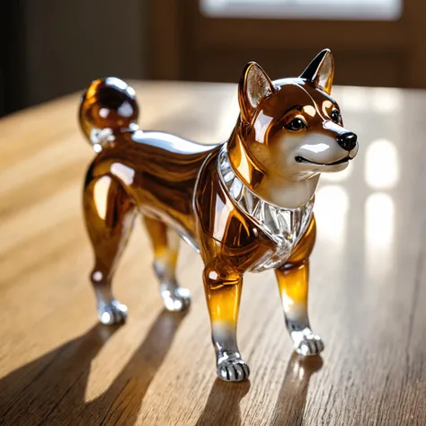 Closeup photo, of an glassblown figure of a Shiba inu, on an oak table, natural light, reflections