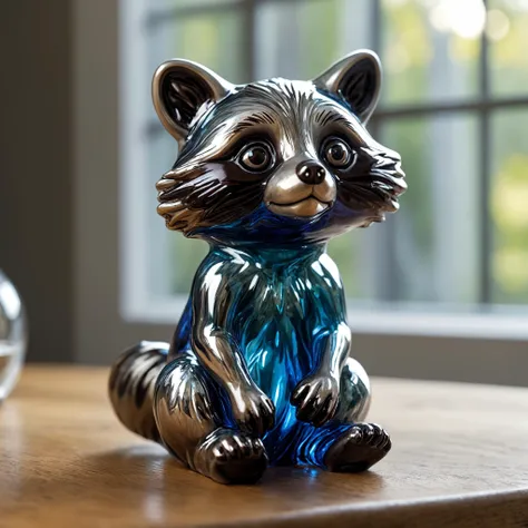 Closeup photo, of an glassblown figure of a cute racoon, on an oak table, natural light, reflections