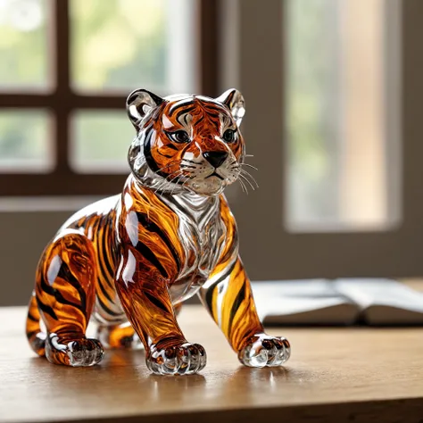 Closeup photo, of an glassblown figure of a cute tiger, on an oak table, natural light, reflections