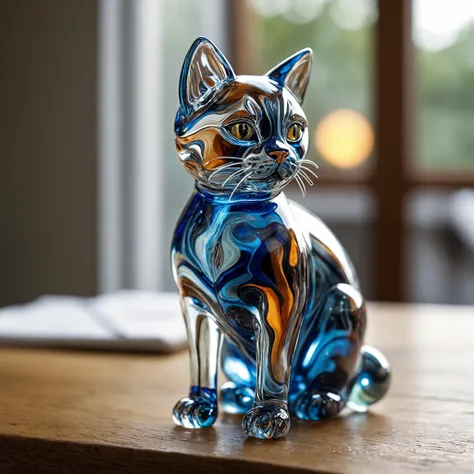 Closeup photo, of an glassblown figure of a cute cat, on an oak table, natural light, reflections