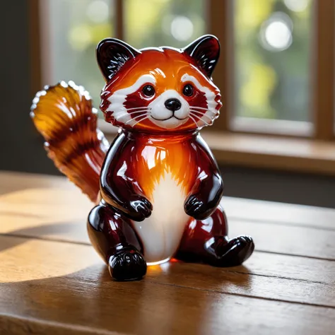 Closeup photo, of an glassblown figure of a red panda, on an oak table, natural light, reflections