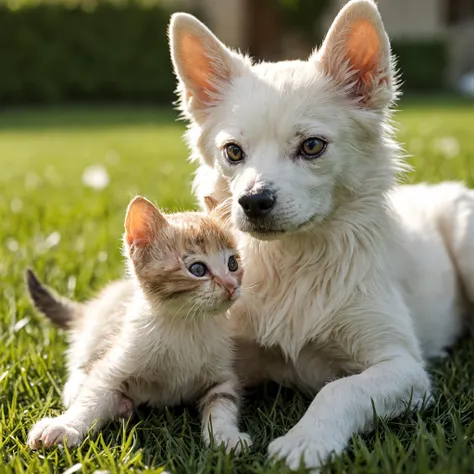 Closeup photo, of a dog kitten. Outside on lawn, natural light