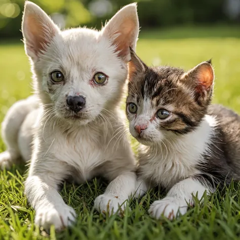 Closeup photo, of a dog kitten. Outside on lawn, natural light