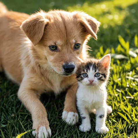 Closeup photo, of a dog kitten. Outside on lawn, natural light