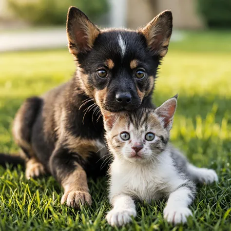 Closeup photo, of a dog kitten. Outside on lawn, natural light