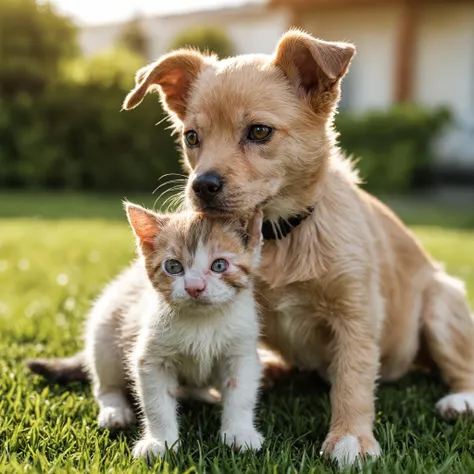 Closeup photo, of a dog kitten. Outside on lawn, natural light