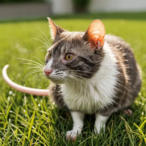 Closeup photo, of a, rat cat chiemera Outside on lawn, natural light