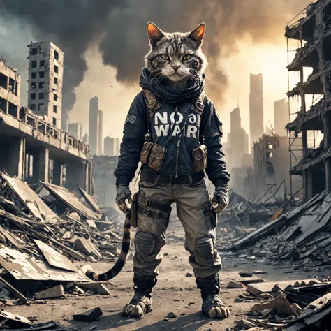 Detailed photo, an anthro cat is standing in a destroyed city wearing post apocalyptic outfit, sad and crying about the destruction, nuklear blast in the background, text "no war"